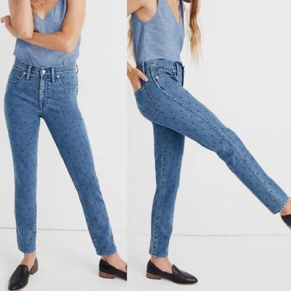 NWT Madewell Slim Straight Navy Dot High Rise Denim Jeans Size 27 - Picture 1 of 15
